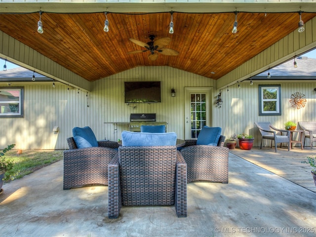 32188 E 738th Rd, Wagoner, OK 74467 - view of patio / terrace featuring a ceiling fan, outdoor dining area, and a grill