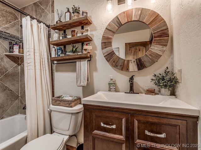 32188 E 738th Rd, Wagoner, OK 74467 - bathroom with toilet, vanity, a textured wall, and shower / tub combo