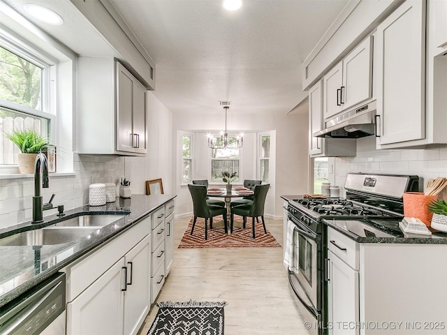 316 E Austin St, Broken Arrow, OK 74011 - kitchen featuring stainless steel appliances, under cabinet range hood, a sink, a chandelier, and tasteful backsplash