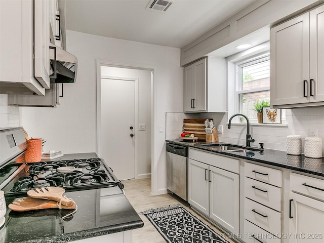 316 E Austin St, Broken Arrow, OK 74011 - kitchen with appliances with stainless steel finishes, a sink, dark stone countertops, and backsplash