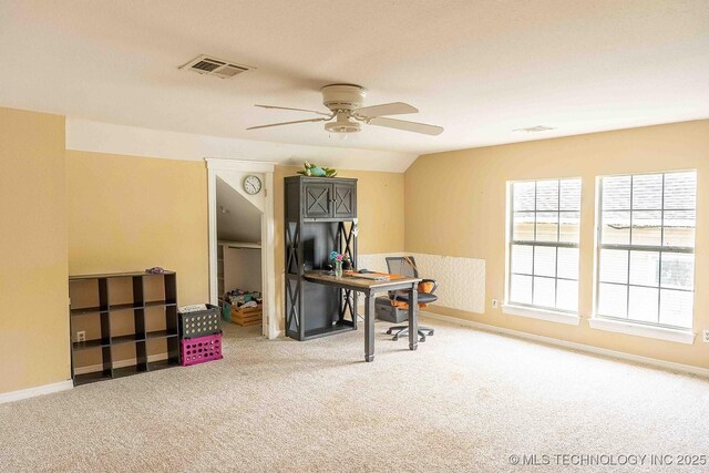 210 S Water St, Sapulpa, OK 74066 - carpeted office space with ceiling fan, vaulted ceiling, and baseboards
