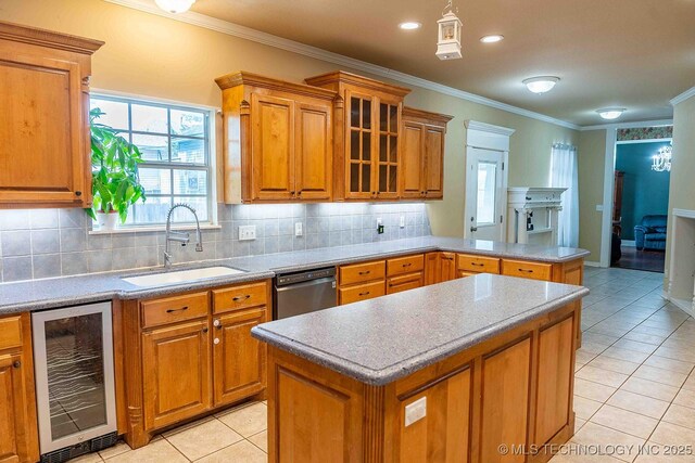210 S Water St, Sapulpa, OK 74066 - kitchen with wine cooler, brown cabinets, dishwasher, light tile patterned flooring, and crown molding