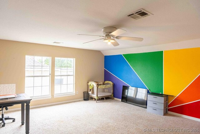 210 S Water St, Sapulpa, OK 74066 - carpeted office featuring a ceiling fan, baseboards, and vaulted ceiling