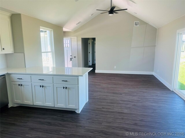 99 Treaty, Calera, OK 74730 - kitchen with a peninsula, ceiling fan, open floor plan, baseboards, and white cabinetry