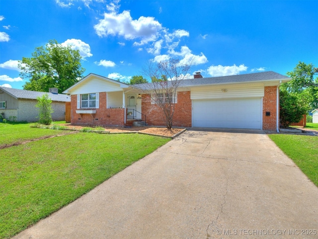 1518 E 58th St, Tulsa, OK 74105 - ranch-style home featuring brick siding, a garage, driveway, and a front yard