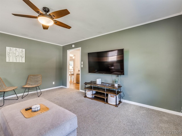 1518 E 58th St, Tulsa, OK 74105 - living room with a ceiling fan, carpet flooring, ornamental molding, and baseboards