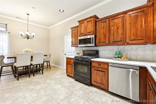 4701 S 179th E Ave, Tulsa, OK 74134 - kitchen featuring stainless steel appliances, crown molding, a chandelier, backsplash, and light countertops