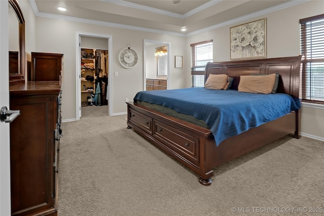 12441 S 209th W Ave, Sapulpa, OK 74066 - bedroom featuring light carpet, a spacious closet, crown molding, multiple windows, and a raised ceiling