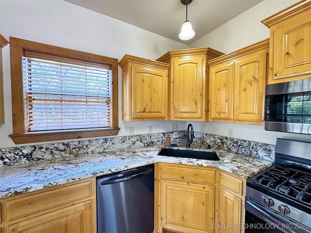 20413 E Allen Rd, Tahlequah, OK 74464 - kitchen featuring appliances with stainless steel finishes, light stone counters, pendant lighting, and light brown cabinetry