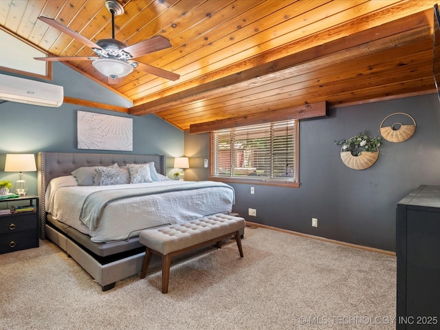 2310 Skyline Dr, Bartlesville, OK 74006 - bedroom with wood ceiling, carpet, an AC wall unit, vaulted ceiling, and baseboards