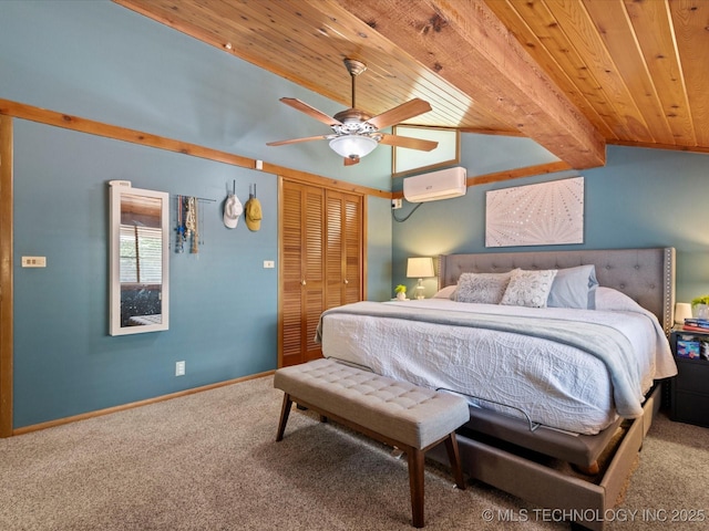 2310 Skyline Dr, Bartlesville, OK 74006 - bedroom featuring a wall mounted AC, carpet, wood ceiling, a closet, and baseboards