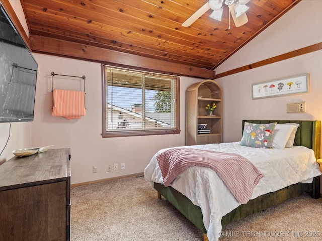 2310 Skyline Dr, Bartlesville, OK 74006 - carpeted bedroom featuring wood ceiling, vaulted ceiling, baseboards, and a ceiling fan