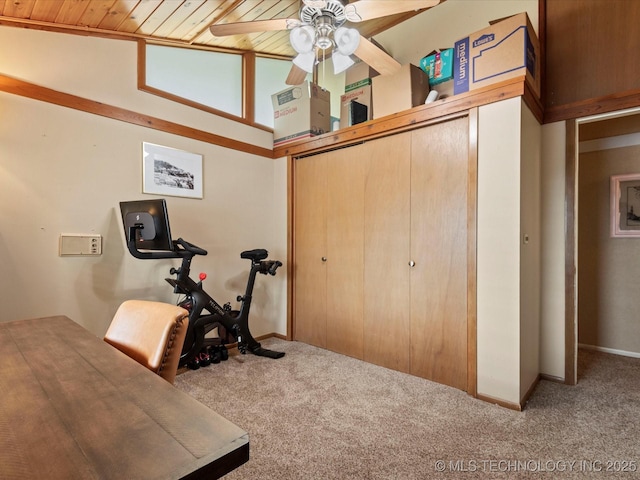 2310 Skyline Dr, Bartlesville, OK 74006 - office space featuring carpet, a ceiling fan, wood ceiling, and baseboards