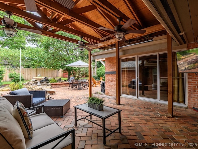 2310 Skyline Dr, Bartlesville, OK 74006 - view of patio / terrace featuring outdoor lounge area, ceiling fan, outdoor dining space, and a pergola