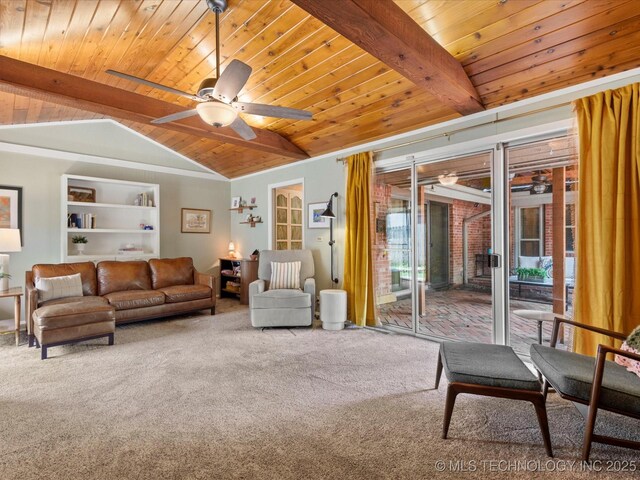 2310 Skyline Dr, Bartlesville, OK 74006 - carpeted living area featuring wood ceiling, ceiling fan, and built in features