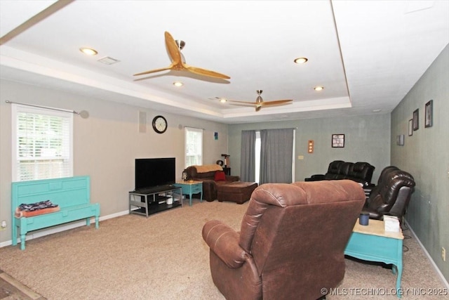 410 Shawnee St, So Coffeyville, OK 74072 - living area featuring a tray ceiling, healthy amount of natural light, carpet flooring, and recessed lighting