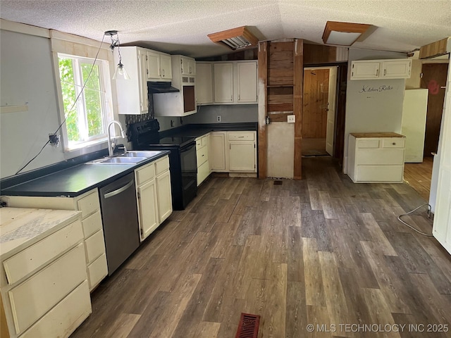 98 Whispering Pines Ln, Stigler, OK 74462 - kitchen featuring black range with electric cooktop, stainless steel dishwasher, under cabinet range hood, a sink, and lofted ceiling
