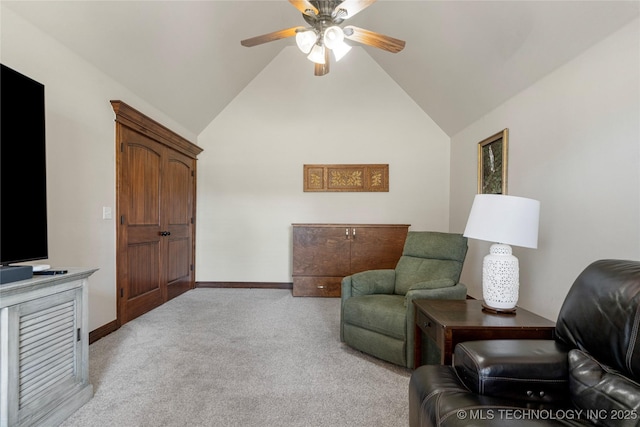 6601 E 85th St, Owasso, OK 74055 - sitting room with light colored carpet, lofted ceiling, baseboards, and ceiling fan