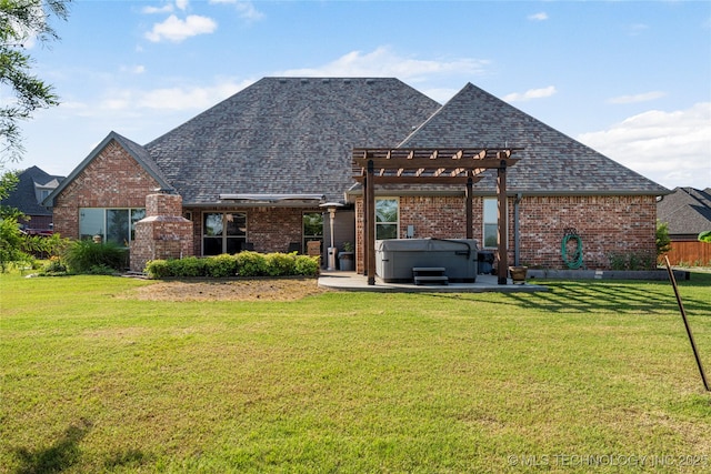 6601 E 85th St, Owasso, OK 74055 - rear view of property featuring a hot tub, brick siding, a pergola, a yard, and a patio