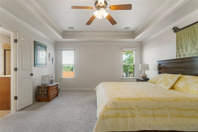 6601 E 85th St, Owasso, OK 74055 - bedroom with a raised ceiling, carpet floors, crown molding, a ceiling fan, and baseboards