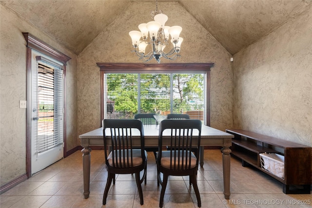 6601 E 85th St, Owasso, OK 74055 - dining space featuring vaulted ceiling, a chandelier, healthy amount of natural light, light tile patterned flooring, and baseboards