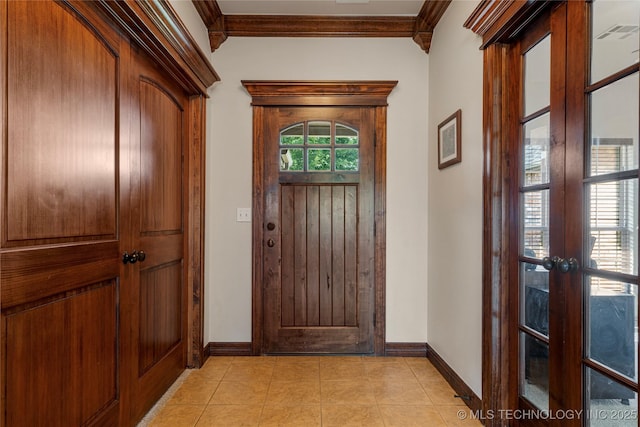 6601 E 85th St, Owasso, OK 74055 - entrance foyer featuring ornamental molding, baseboards, french doors, and light tile patterned floors