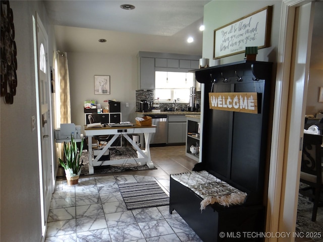 1105 Ono Ct, Mcalester, OK 74501 - kitchen featuring dishwasher, recessed lighting, backsplash, light marble finish floors, and a sink