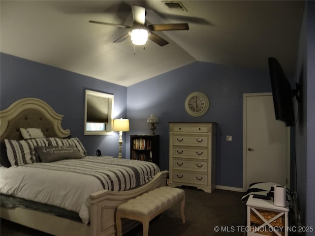 1105 Ono Ct, Mcalester, OK 74501 - bedroom with vaulted ceiling, dark colored carpet, and a ceiling fan