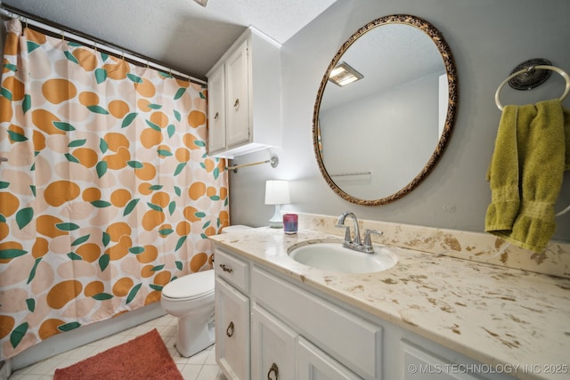 6960 S Oswego Ave, Tulsa, OK 74136 - bathroom featuring a textured ceiling, vanity, tile patterned flooring, toilet, and a shower with curtain