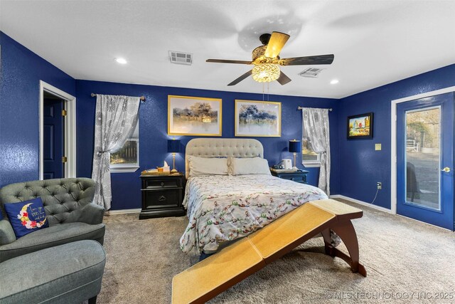 722 E 18th St, Ada, OK 74820 - bedroom with carpet flooring, access to exterior, recessed lighting, baseboards, and ceiling fan