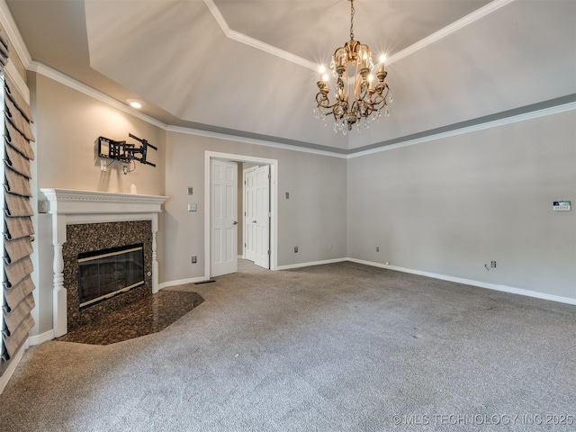 23240 E 90th St S, Broken Arrow, OK 74014 - unfurnished living room featuring carpet flooring, a chandelier, a premium fireplace, ornamental molding, and baseboards