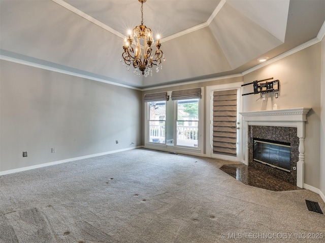 23240 E 90th St S, Broken Arrow, OK 74014 - unfurnished living room featuring carpet, a high end fireplace, a chandelier, ornamental molding, and baseboards