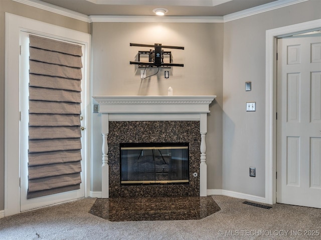 23240 E 90th St S, Broken Arrow, OK 74014 - detailed view of carpet, a high end fireplace, baseboards, and crown molding