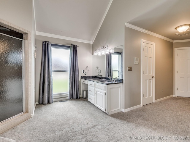 23240 E 90th St S, Broken Arrow, OK 74014 - full bath with carpet floors, a shower stall, vanity, crown molding, and baseboards