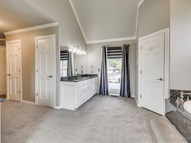 23240 E 90th St S, Broken Arrow, OK 74014 - full bathroom with carpet, vanity, ornamental molding, a tub, and baseboards