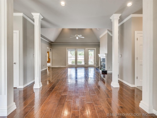 23240 E 90th St S, Broken Arrow, OK 74014 - unfurnished living room featuring ceiling fan, vaulted ceiling, hardwood / wood-style flooring, baseboards, and recessed lighting