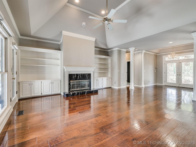 23240 E 90th St S, Broken Arrow, OK 74014 - unfurnished living room with wood finished floors, a premium fireplace, a ceiling fan, ornamental molding, and built in features