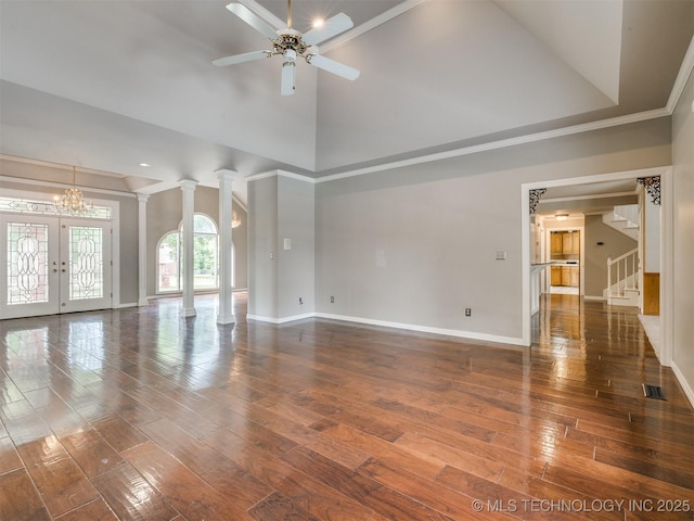23240 E 90th St S, Broken Arrow, OK 74014 - empty room featuring baseboards, french doors, hardwood / wood-style flooring, a ceiling fan, and a chandelier
