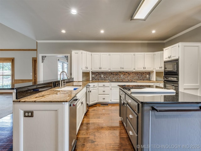 23240 E 90th St S, Broken Arrow, OK 74014 - kitchen with a sink, black appliances, plenty of natural light, white cabinetry, and crown molding