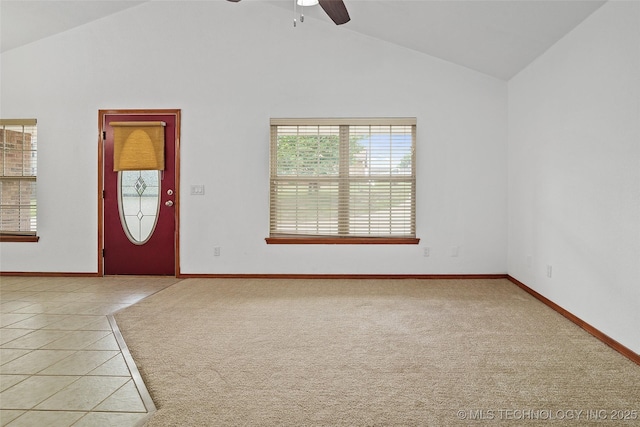 15 W Ridge Way, Bristow, OK 74010 - foyer with light colored carpet, ceiling fan, baseboards, high vaulted ceiling, and light tile patterned flooring