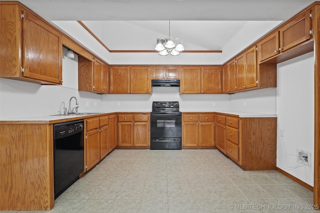 15 W Ridge Way, Bristow, OK 74010 - kitchen with black appliances, a sink, under cabinet range hood, brown cabinetry, and lofted ceiling