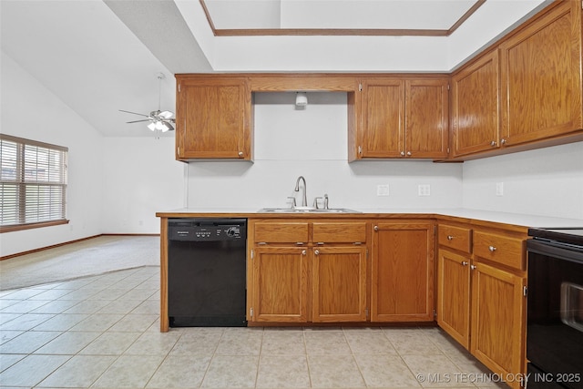 15 W Ridge Way, Bristow, OK 74010 - kitchen with black appliances, a sink, brown cabinetry, and lofted ceiling