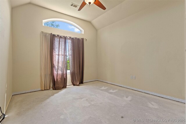 4180 Countyline, Ardmore, OK 73401 - unfurnished room featuring a ceiling fan, lofted ceiling, concrete floors, and baseboards