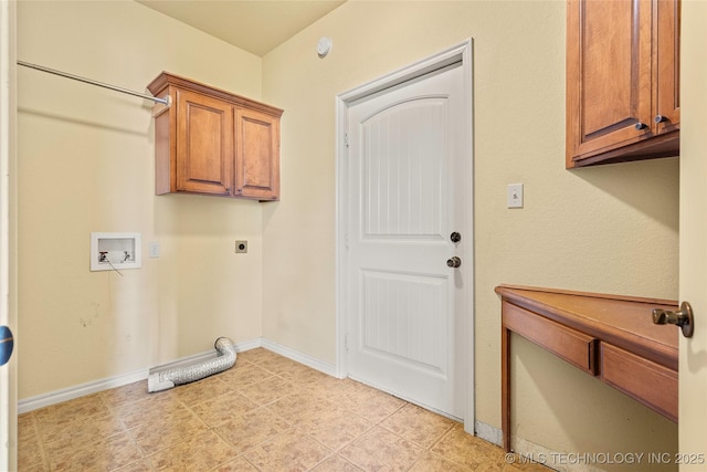 4180 Countyline, Ardmore, OK 73401 - laundry area featuring electric dryer hookup, cabinet space, hookup for a washing machine, baseboards, and light tile patterned flooring