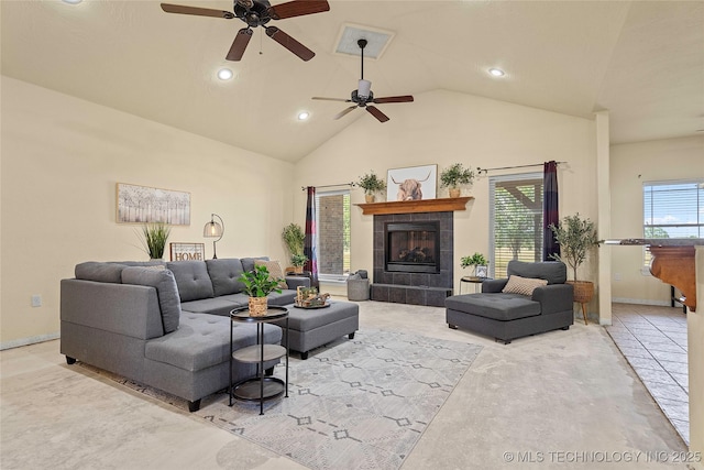 4180 Countyline, Ardmore, OK 73401 - living room with a tile fireplace, ceiling fan, recessed lighting, baseboards, and high vaulted ceiling