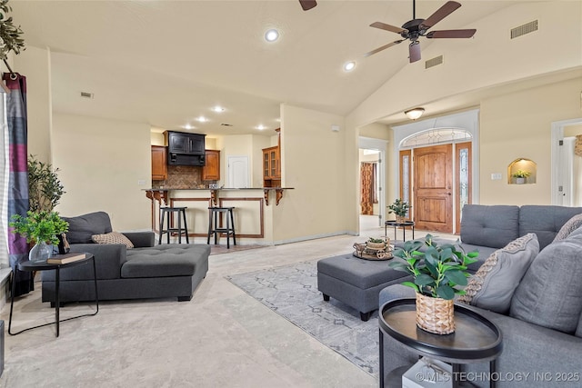 4180 Countyline, Ardmore, OK 73401 - living room with recessed lighting, ceiling fan, and high vaulted ceiling