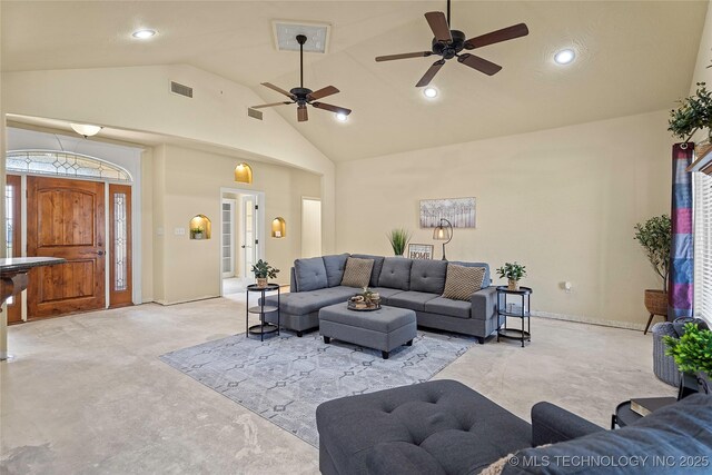 4180 Countyline, Ardmore, OK 73401 - living room with high vaulted ceiling, a ceiling fan, recessed lighting, and baseboards