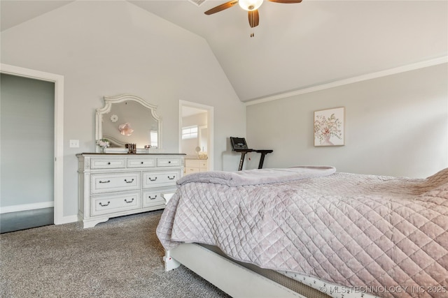 18403 E 50th St, Tulsa, OK 74134 - bedroom with vaulted ceiling, carpet, ensuite bathroom, and a ceiling fan
