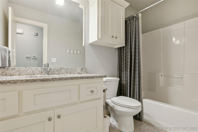 18403 E 50th St, Tulsa, OK 74134 - full bath with toilet, vanity, shower / tub combo with curtain, and tile patterned flooring