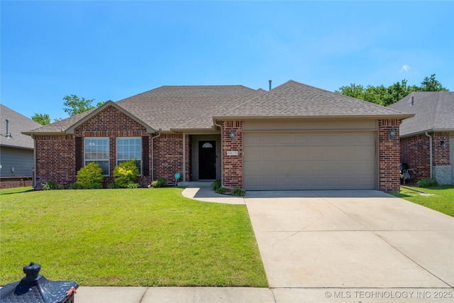 4815 S 189th E Ave, Tulsa, OK 74134 - view of front of home with an attached garage, brick siding, a front yard, and concrete driveway